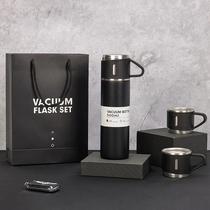 Vacuum Flask Bottle Set with 3 Stainless Steel Cups Combo - 500ml