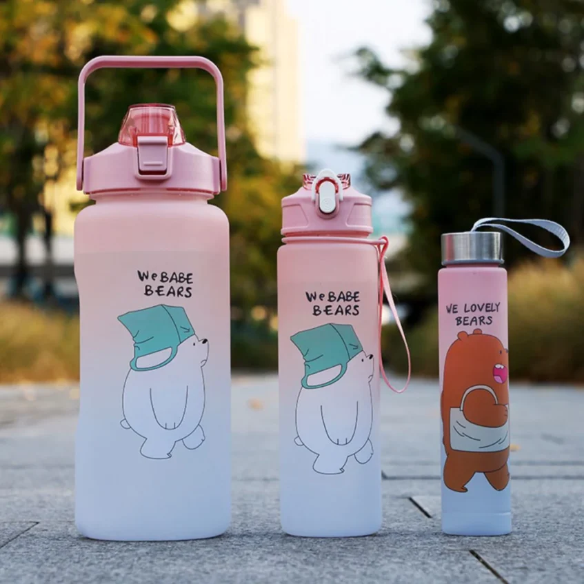 3 in 1 Water Bottles Bear Design Set for Schools, Sports, Gym