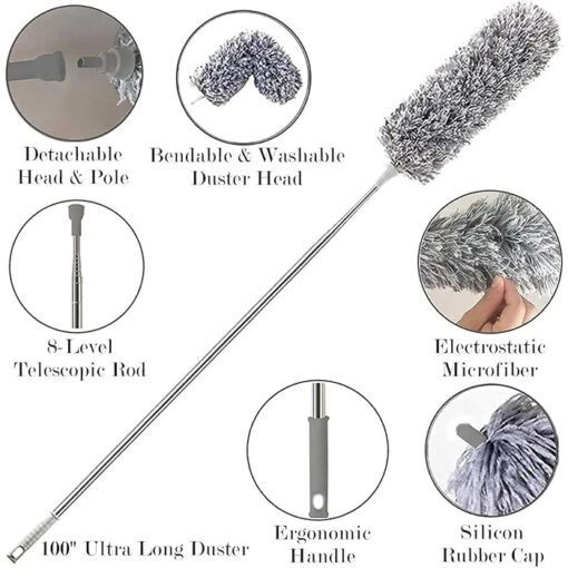Extra-Long Dusters with Extension Pole for Cleaning, Bendable Microfiber Head Washable Ceiling Fan Duster for High Ceilings, Furniture